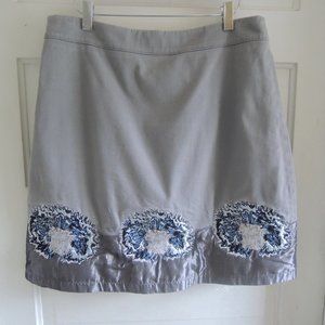 Nicola Quilter Gray & Blue Stretch Cotton Embroidered Appliqué Skirt 10